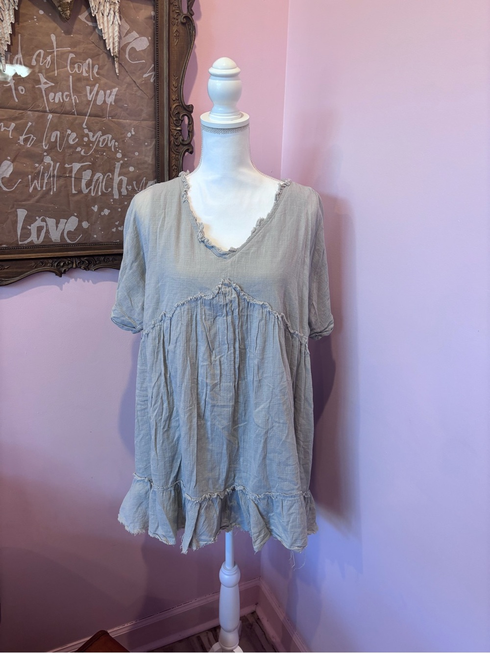Anthropologie Listicle Light Blue Ruffle Trim Boho Chic Mini Dress - Picture 2 of 5